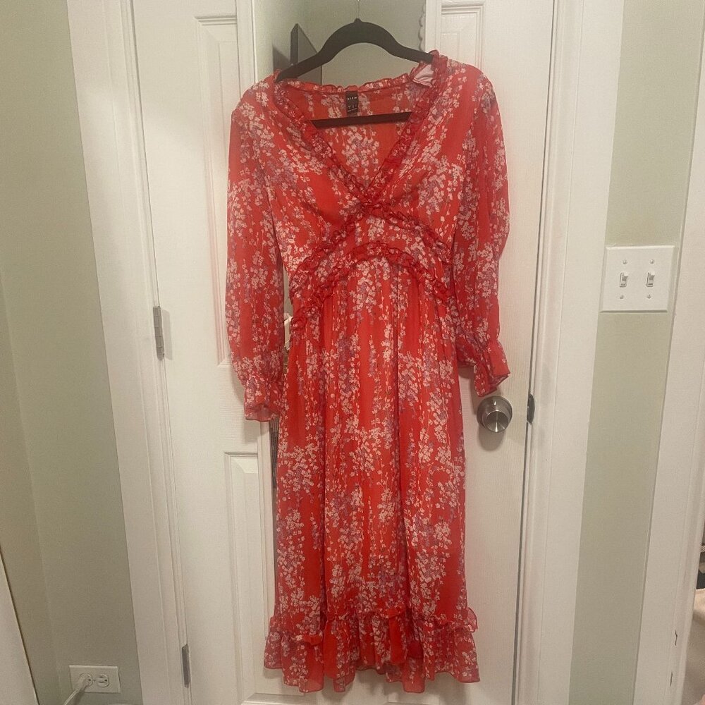 Red Floral Midi Dress Quarter Length Sleeves